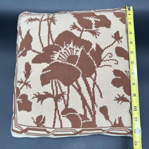 Vintage Throw Pillow Handmade Needlepoint Brown Beige Floral Boho Retro Decorati - Picture 8 of 10